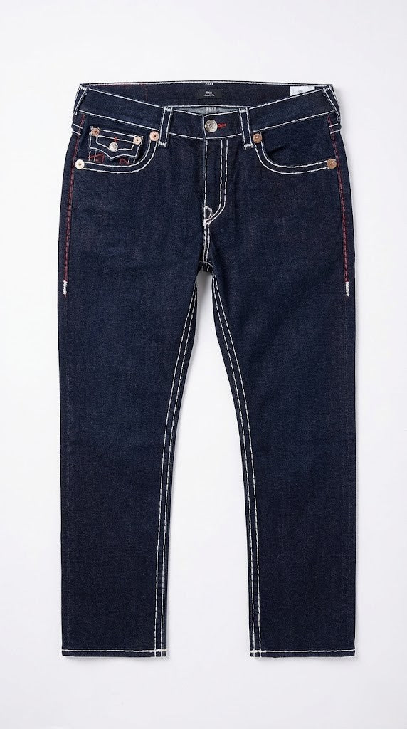 True Religion Dark Indigo Jeans with Dual-Tone White & Red Contrast Stitching.