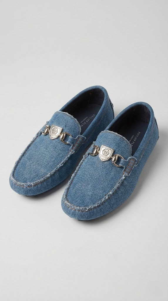 Philipp Plein Distressed Denim Shield Loafers