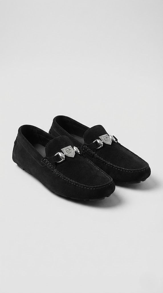 Philipp Plein Black Suede Shield Loafers