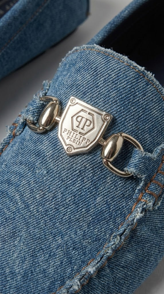 Philipp Plein Distressed Denim Shield Loafers