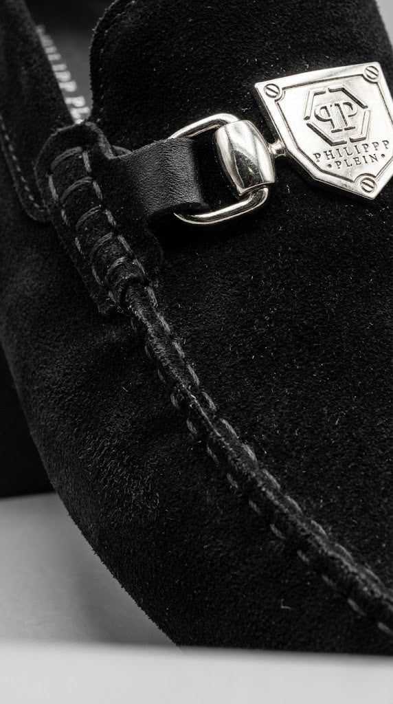 Philipp Plein Black Suede Shield Loafers