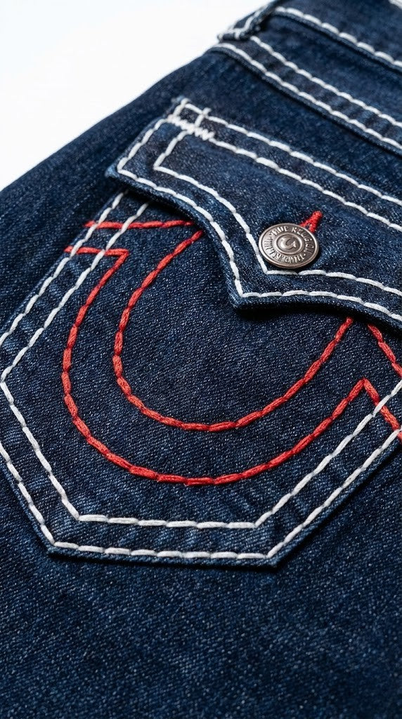 True Religion Dark Indigo Jeans with Dual-Tone White & Red Contrast Stitching.