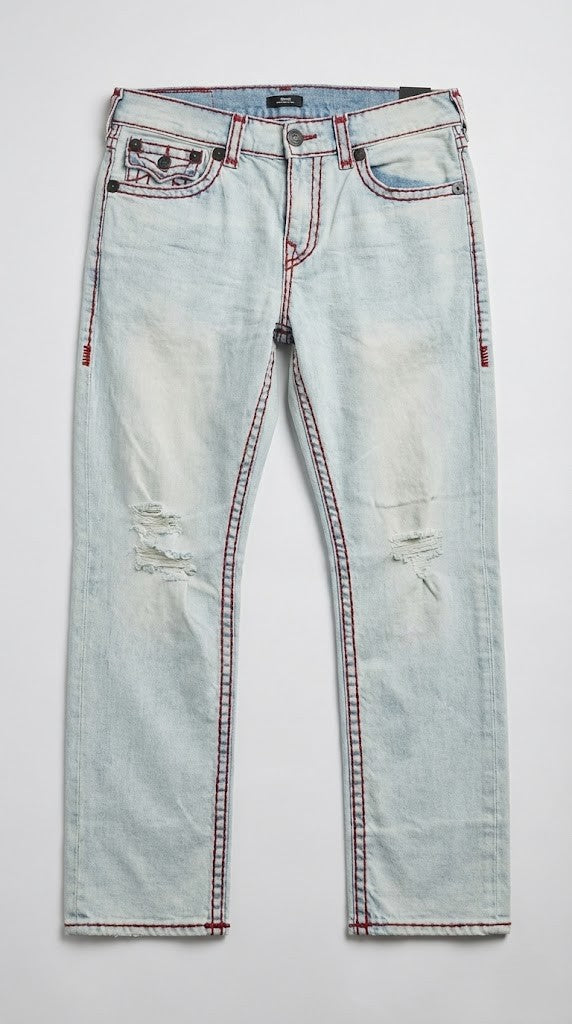 Distressed Light Wash &amp; Red Stitch Jeans