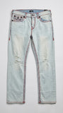 Distressed Light Wash &amp; Red Stitch Jeans