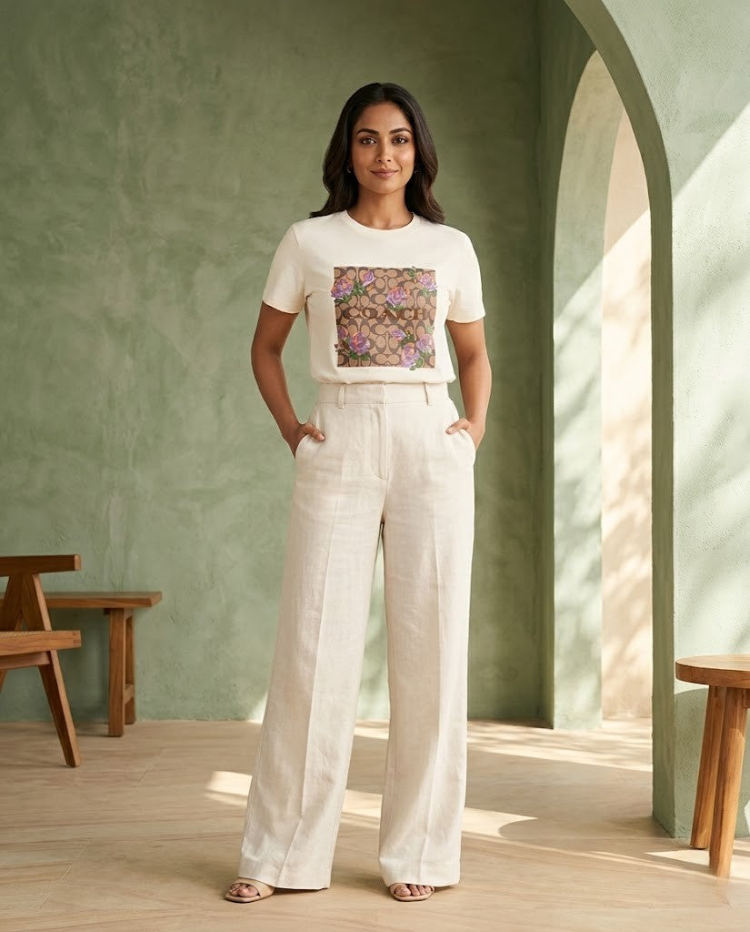 Coach Signature Monogram & Floral Graphic T-Shirt - Cream