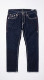 True Religion Dark Indigo Jeans with Dual-Tone White & Red Contrast Stitching.