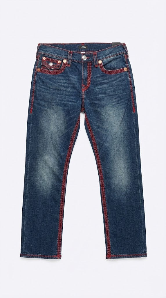 True Religion Blue Denim &amp; Red Stitch Jeans