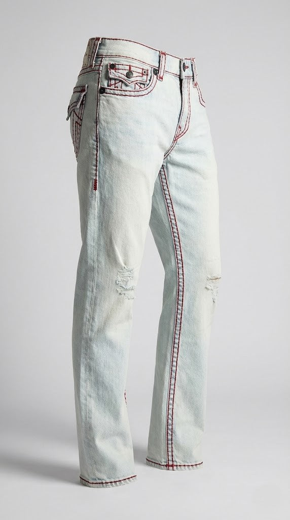 Distressed Light Wash &amp; Red Stitch Jeans