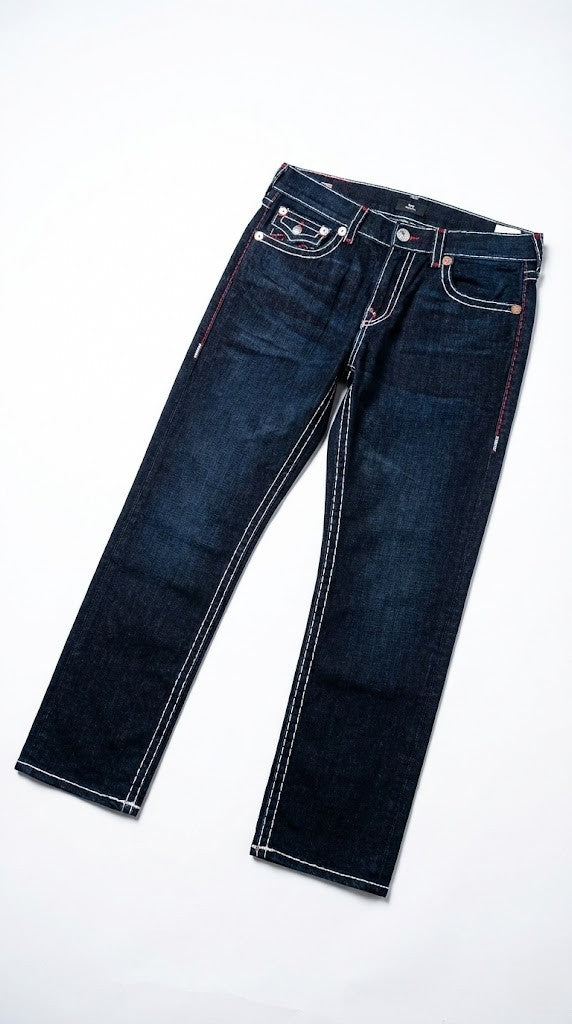 True Religion Dark Indigo Jeans with Dual-Tone White & Red Contrast Stitching.