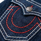 True Religion Dark Indigo Jeans with Dual-Tone White & Red Contrast Stitching.