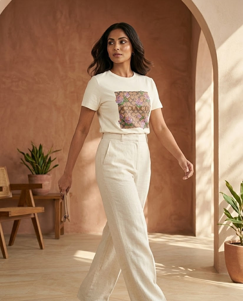 Coach Signature Monogram & Floral Graphic T-Shirt - Cream