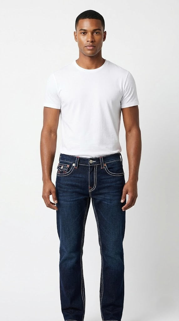 True Religion Dark Indigo Jeans with Dual-Tone White & Red Contrast Stitching.