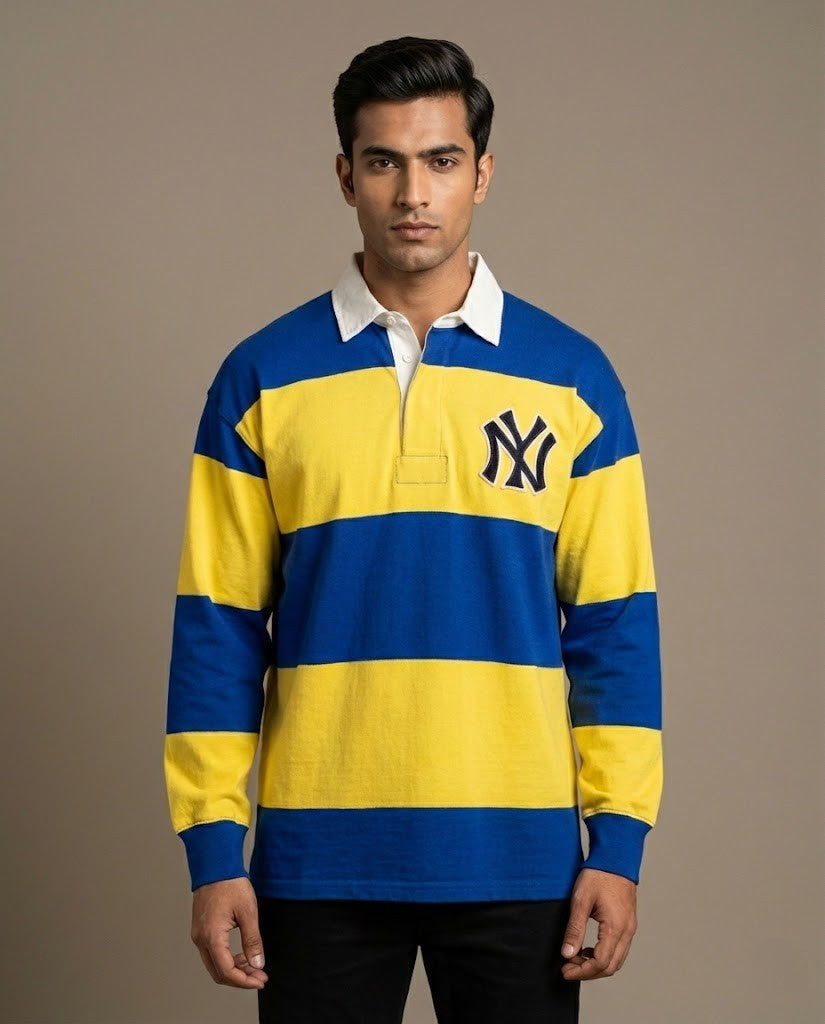 Varsity Striped Rugby Shirt –  NY Royal Blue & Yellow