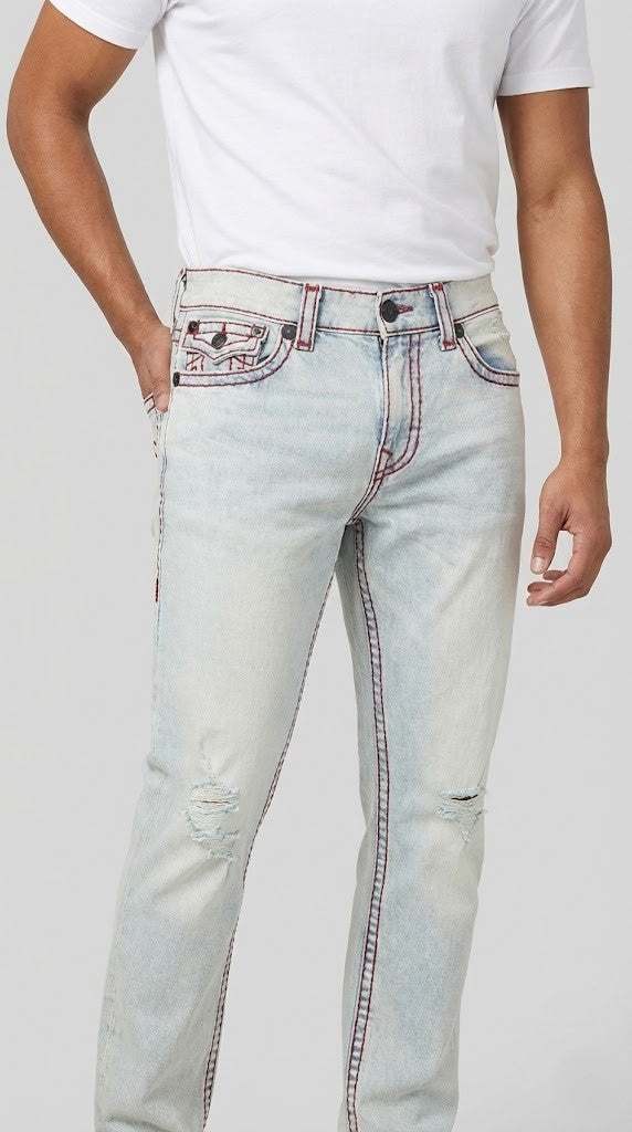 Distressed Light Wash &amp; Red Stitch Jeans