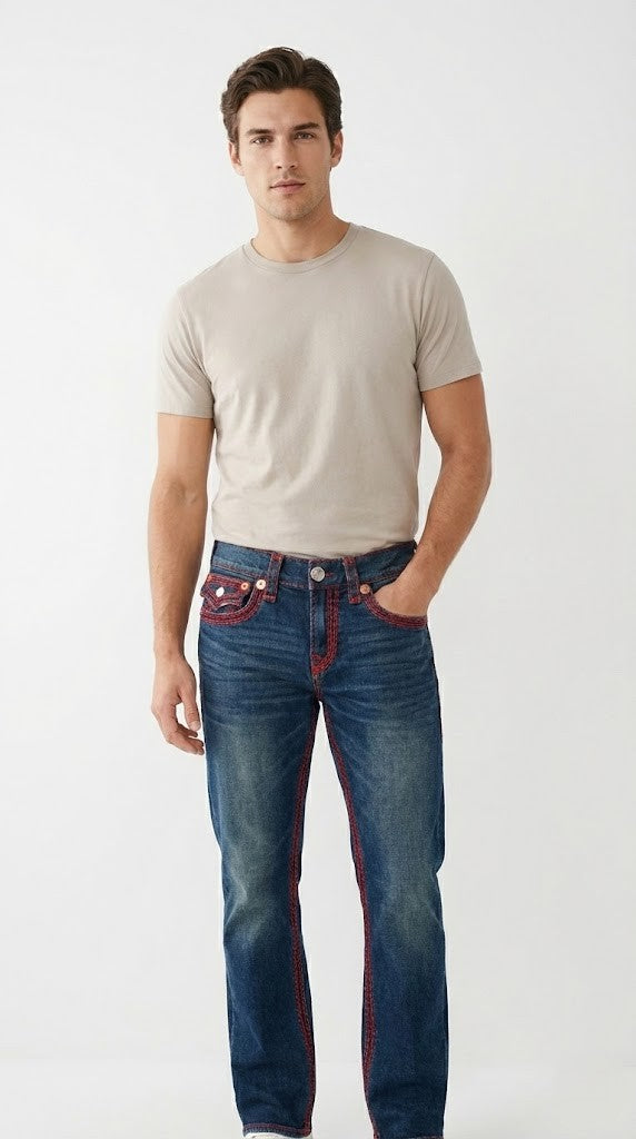 True Religion Blue Denim &amp; Red Stitch Jeans