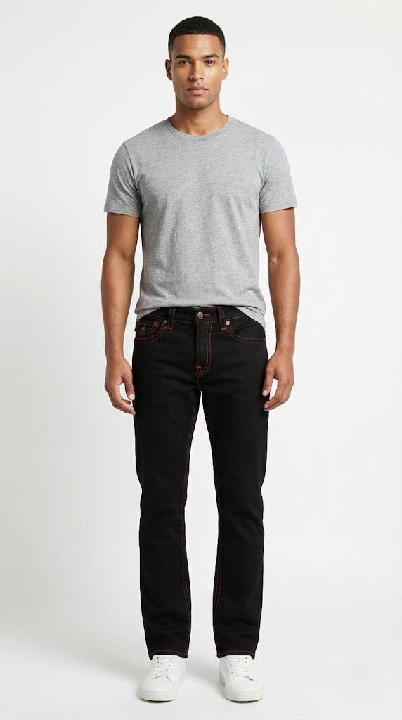 True Religion Midnight Black &amp; Red Stitch Jeans
