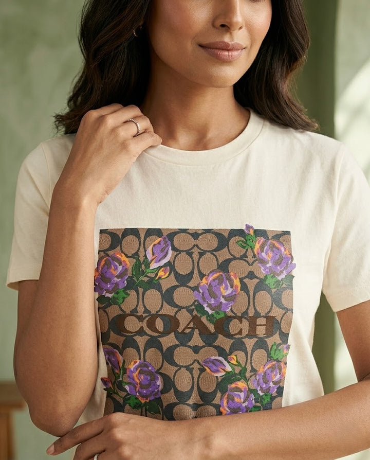 Coach Signature Monogram & Floral Graphic T-Shirt - Cream