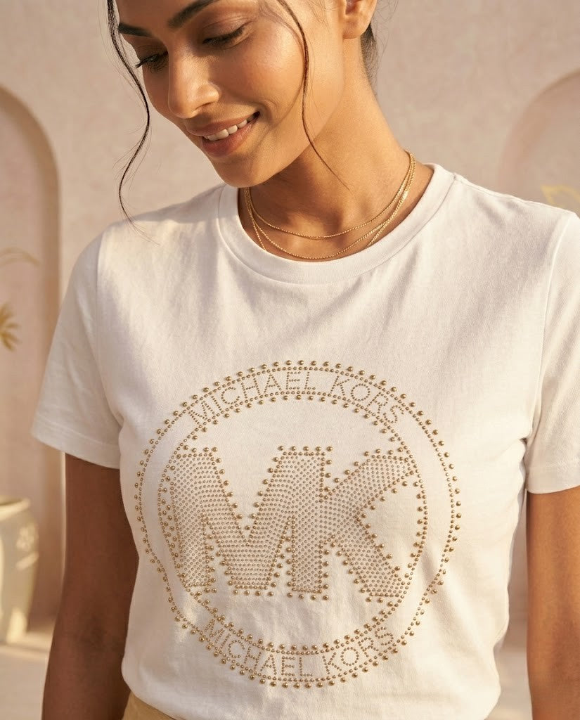 Michael Kors Studded MK Circle Logo T-Shirt - White/Gold