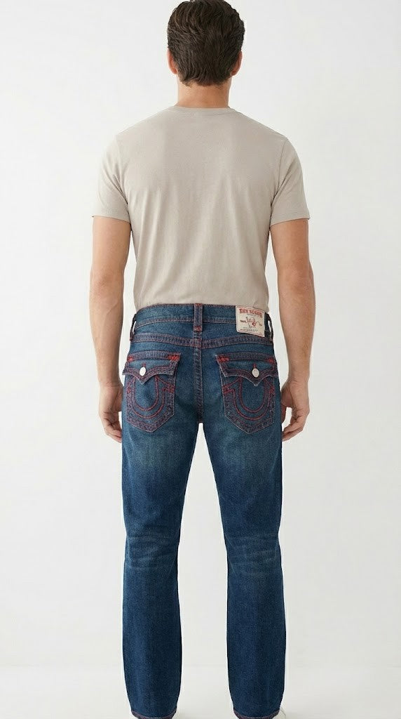 True Religion Blue Denim &amp; Red Stitch Jeans