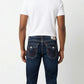 True Religion Dark Indigo Jeans with Dual-Tone White & Red Contrast Stitching.
