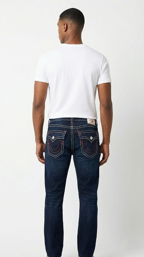 True Religion Dark Indigo Jeans with Dual-Tone White & Red Contrast Stitching.
