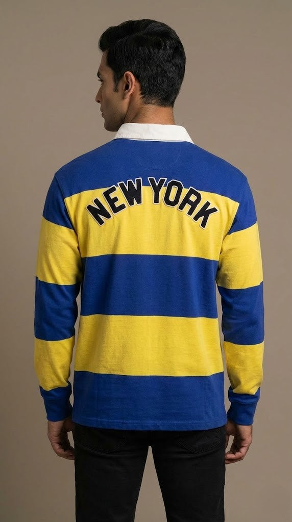 Varsity Striped Rugby Shirt –  NY Royal Blue & Yellow